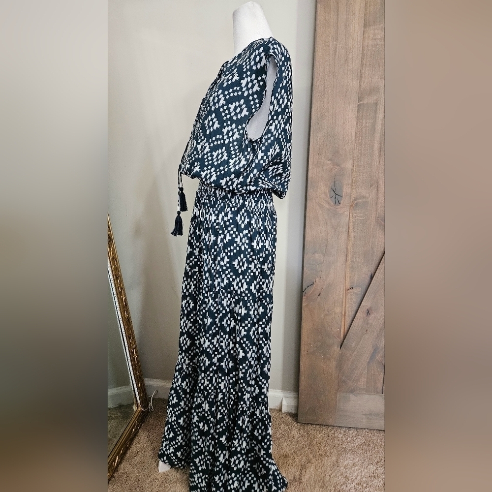 RubyYaya Beaded Boho Maxi Dress Blue White Geometric Print Size M - Picture 12 of 16